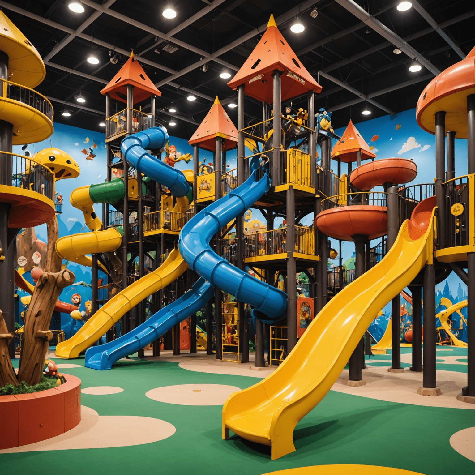 A vibrant play area with climbing structures, slides, and interactive elements themed after popular cartoon characters at IMG Worlds of Adventure